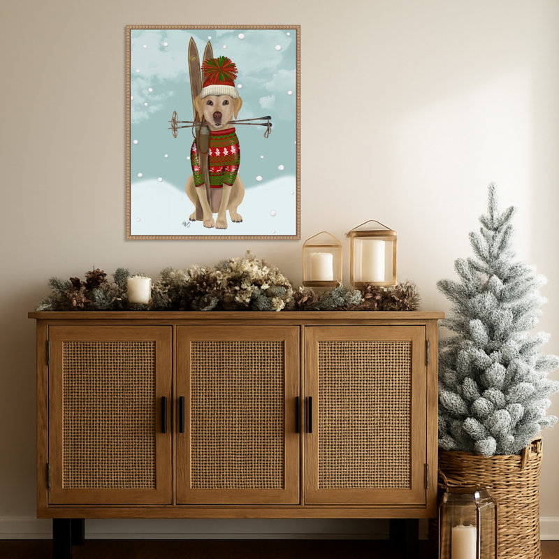«Yellow Labrador Skiing» par Fab Funky, impression sur toile encadrée