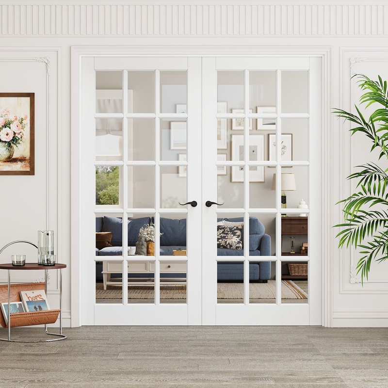 Porte intérieure à 15 carreaux en verre clair, portes françaises en MDF CARB P2 et verre trempé SGCC, quincaillerie noire mate - poignée de porte avec serrure, loquet et charnières, préfinie et imperméable, garde-manger, chambre, salle de bain et placard, teinture facile à faire soi-même, 183 cm x 203 cm