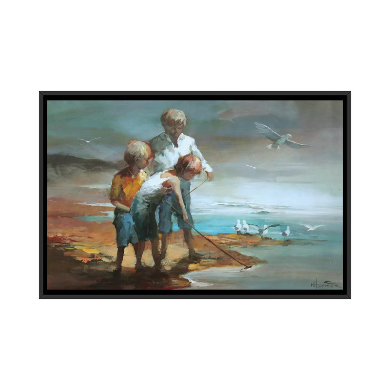 « garçons on the beach », reproduction sur toile, H 18 po x l 26 po x P 1,5 po, Toile avec cadre noir, Pas de tapis