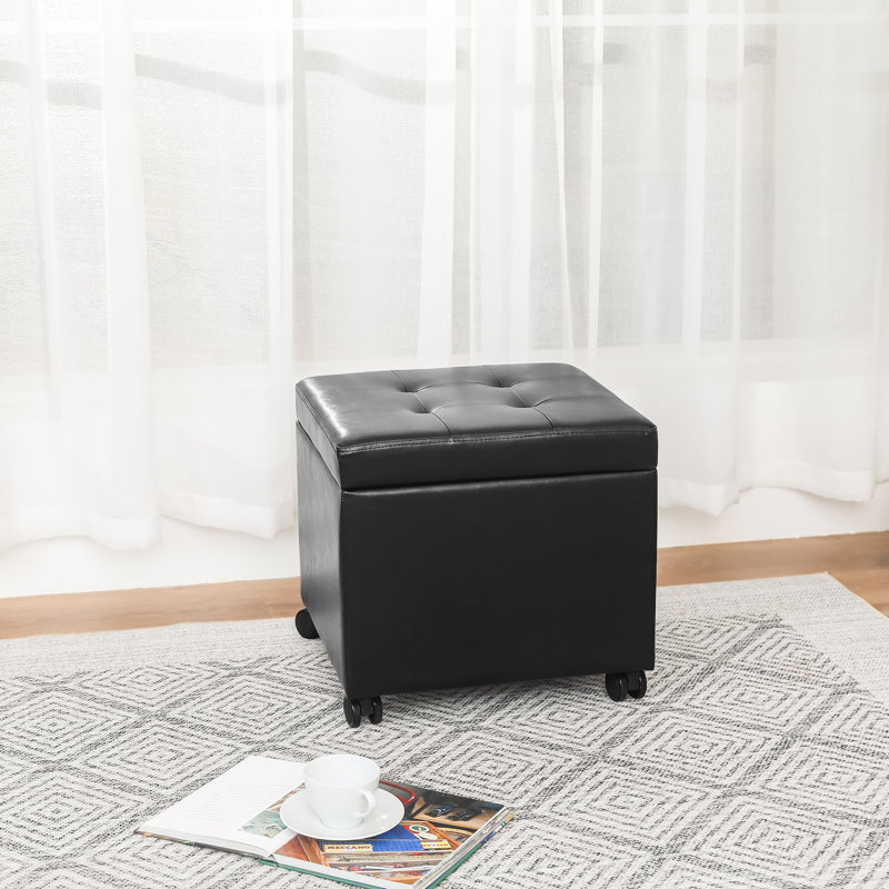  Clariece 17.7" Square Faux Leather Storage Ottoman with Casters, Black
