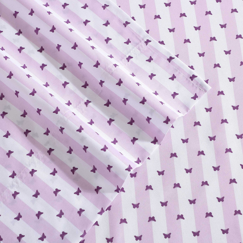 Betsey Johnson Printed Novelty Sheet Sets, Full Sheet Set with 2 Standard Pillowcases, Butterfly Stripe Purple