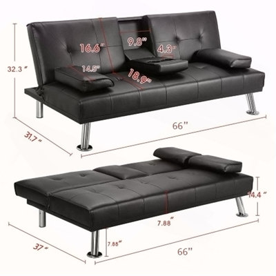 MEGA Canapé-lit, canapé-lit pliant convertible en similicuir pour salon avec 2 porte-gobelets, accoudoirs souples amovibles et pieds robustes en métal, charmant noir.
