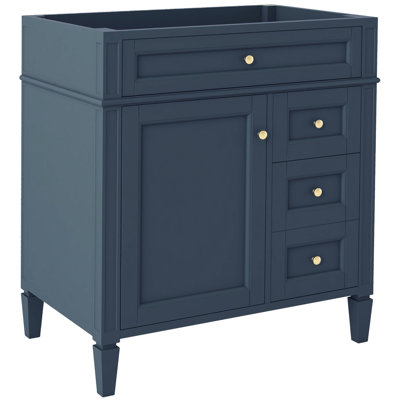 Meuble-lavabo de salle de bain de 30 po sans lavabo, 3 tiroirs, organisateur de porte d'armoire, tablette réglable, tiroir coulissant, glissières de tiroir en métal lisse, design moderne, pieds en bois massif et bleu, poignées texturées,