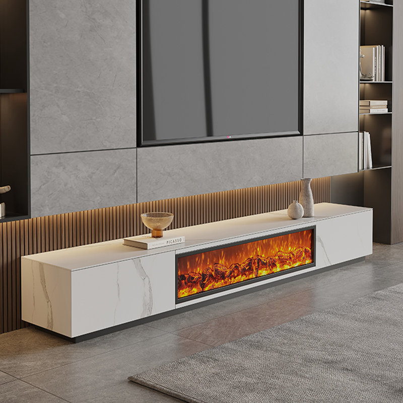 Meuble télé à panneau en pierre avec foyer électrique, 86.61", Blanc