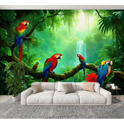Peel and Stick Wallpaper Tropical Jungle Scene Colourful Parrots Greenery Botanical Jungle Wall Murals 100"H x 144"W Removable PVC Wall Paper Self-Adhesive Wall Paintings Art Decor for Bedroom Living Room