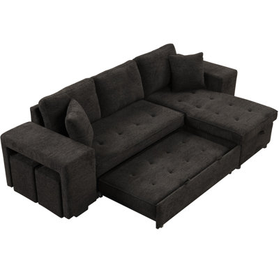 Modern Sectional Sleeper With Storage Chaise And 2 Stools, Charcoal Grey Fabric Practical