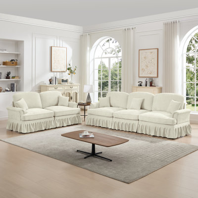 Classic 2 Piece Modular Couch Living Room Sofa Set With Flared Arms And Removable Ruffles Pleats Skirts And Spindle Legs, 3 Seater Sofa + 2-Seat Loves by Red Barrel Studio