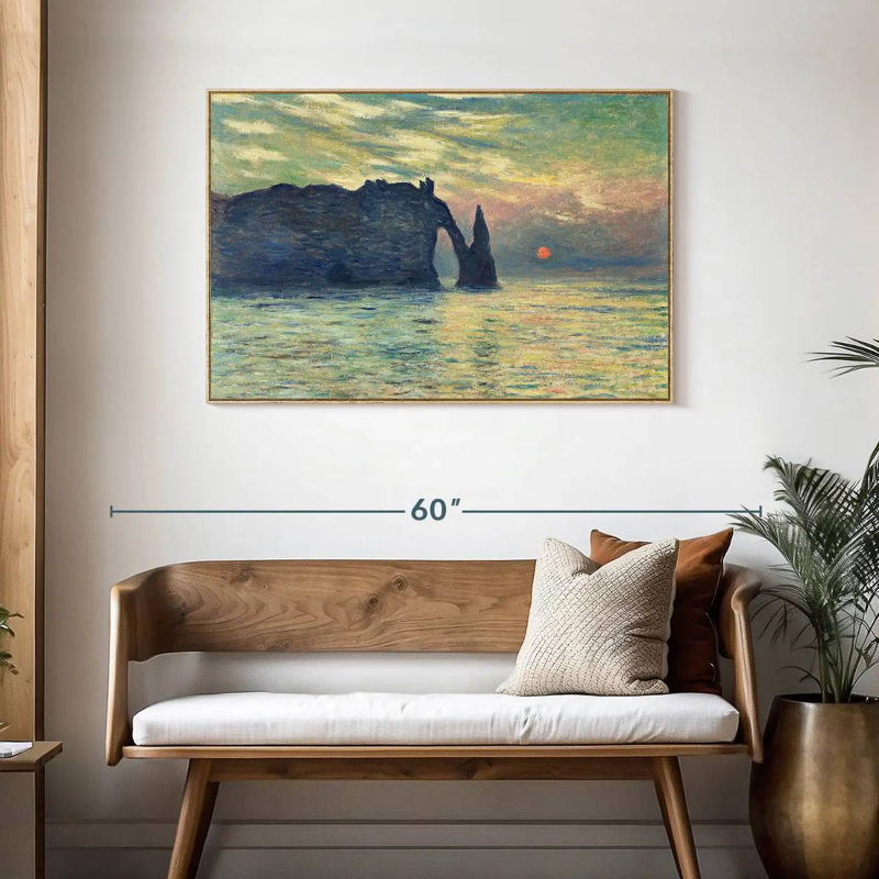 Coucher de soleil sur la falaise d'Etretat, Cadre flottant en bois naturel, 43 po x 29 po