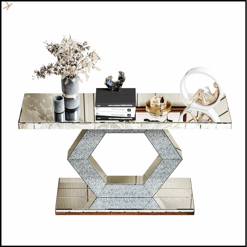 Sparkling Crystal Hexagon Mirror Entryway - Premium Modern Foyer Console Table With Diamond Glass Effects, Dual-Tier Luxury Sofa Table (55L X14.17W * 31.5H)