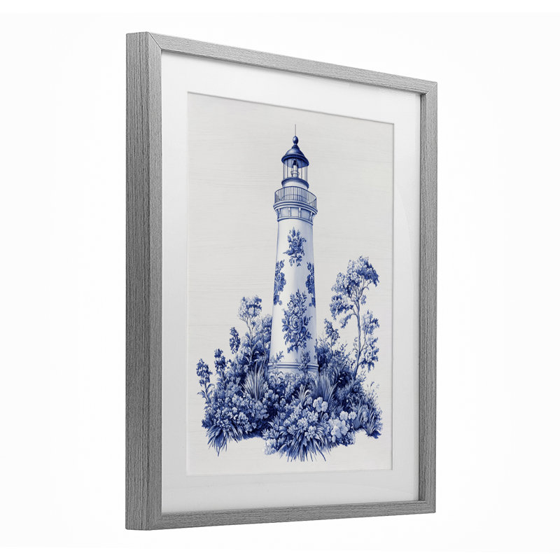 Toile à motif phare, reproduction encadrée sous verre, design avec lettres et doublure, Cadre de ferme gris