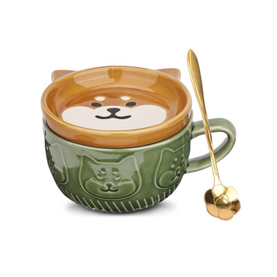 Ceramic Cute Mug With Lid ,Funny Novelty Cup(Green Dog)