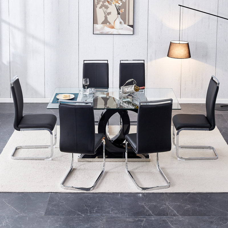 Crystalynn Modern 63-Inch Rectangular Glass Top Dining Table Set, Black, 7 Pieces: Table, 6 Chairs