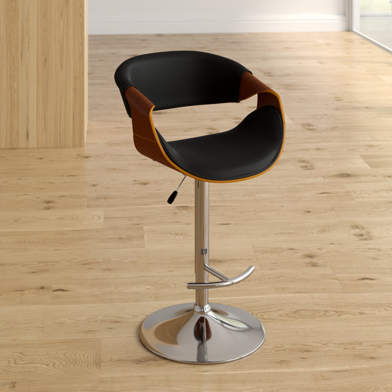 Alvin Swivel Upholstered Faux Leather Adjustable Height Bar Stool with Solid Wood Frame, Chrome/Black