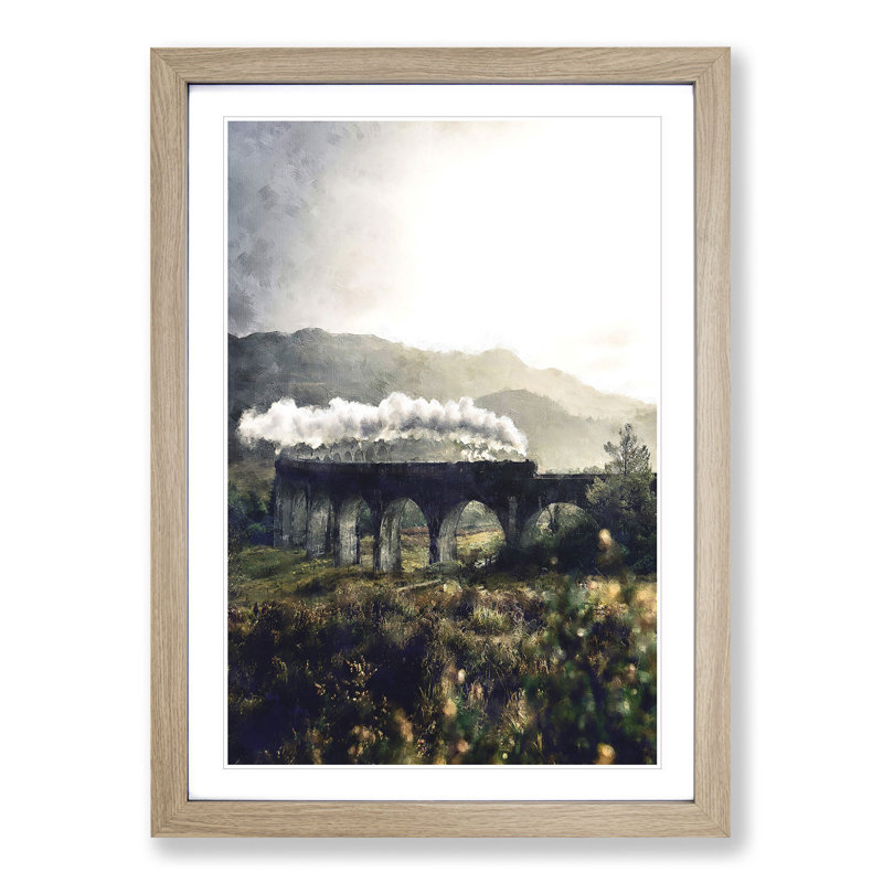 Steam Train over Glenfinnan Viaduct - Picture Frame Painting Print, 63cm H x 45cm W x 2cm D, Oak Framed