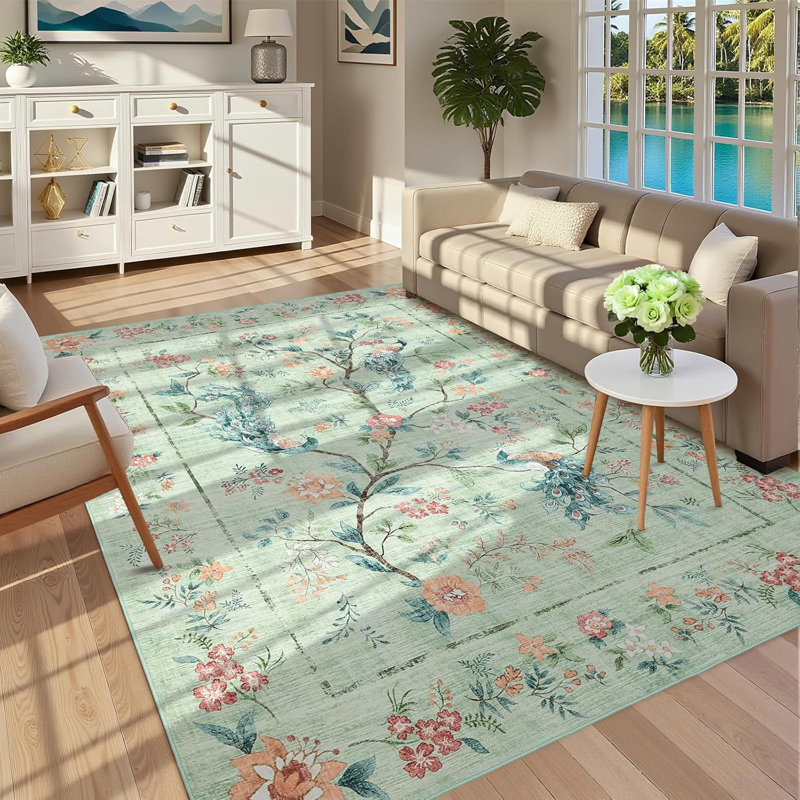 Black Washable Rug – Floral Peacock Design, Non-Slip, Stain-Resistant Mat for Bedroom, Kitchen, Bathroom, Rectangle 9' x 12'