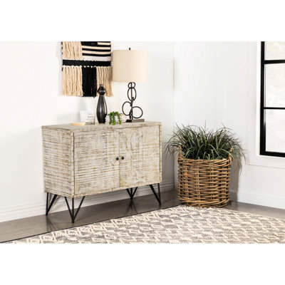 Armoire d'appoint en bois blanc délavé à 2 portes avec pieds en métal et tablette intérieure pour le rangement dans le salon principal, l 40 po x P 16 po