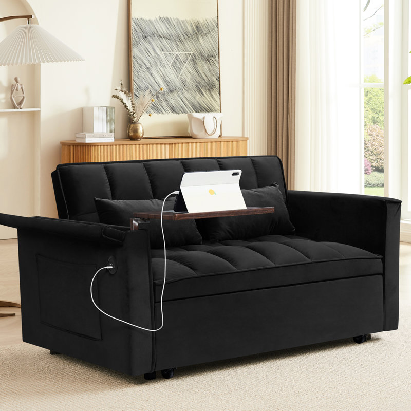 Lit convertible de 55,5 po, lit double contemporain avec dossier réglable, bureau caché et coussins pour table d'appoint pliable en velours, espace de détente
