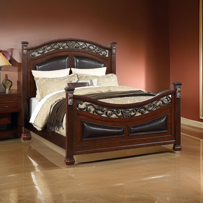 Meo  Bed, Padded Carved Dark Brown Faux Leather Upholstered