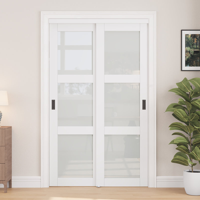 Porte coulissante en verre trempé givré 3-Lite 80 po H 3 po avec quincaillerie, 48" x 80"