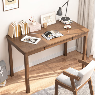 100% Solid Wood Desk With Keyboard Tray - 48 X 24 Inch Computer Desk With Keyboard Tray, Mid Century Modern Writing Desks, Simple Study Table Home Office Desks For Small Spaces|bedroom-walnut