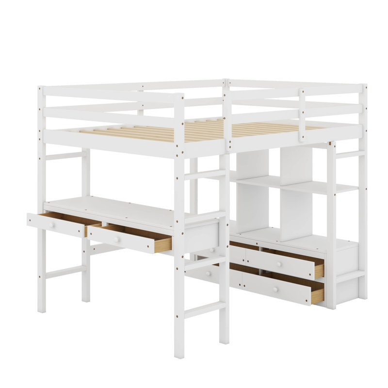 Lit mezzanine double avec bureau et tiroirs, Blanc