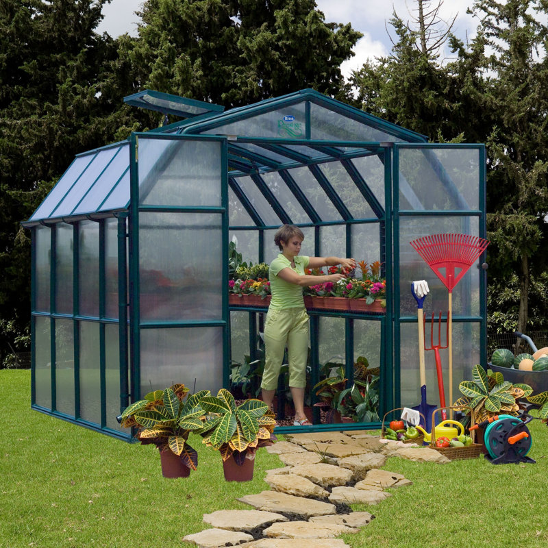 Palram - Canopia Prestige 2 - 8' W x 8' D Walk-In Hobby Twin Wall Polycarbonate Resin Frame Greenhouse with Starter Kit - Green