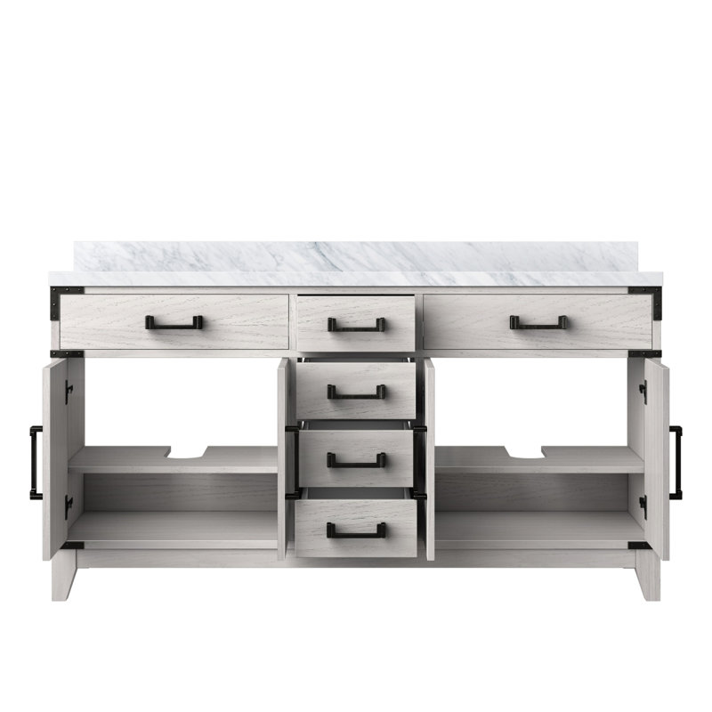 White Oak Double Bath Vanity 60 In. W X 22 In. D, With Carrara Marble Top, White Oak