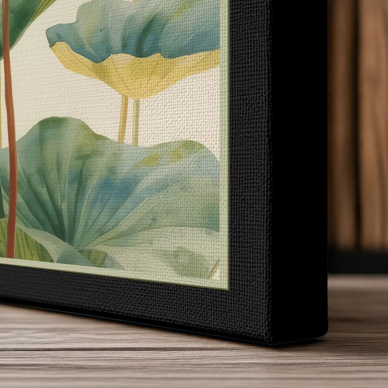 Lotus and Songbird Japandi - Wrapped Canvas, 24x16 - 61.0 x 40.6 cm, Black Border