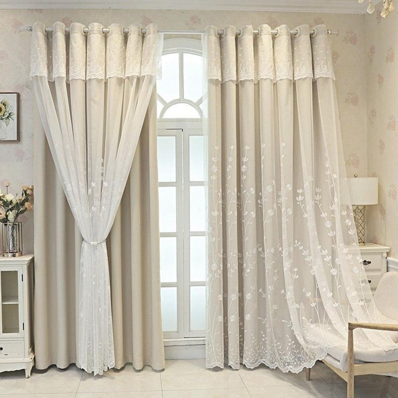 1 Pair Double Layer Flower Curtains Flower and Branch Embroidered Curtains (Beige,167 x 230 cm)