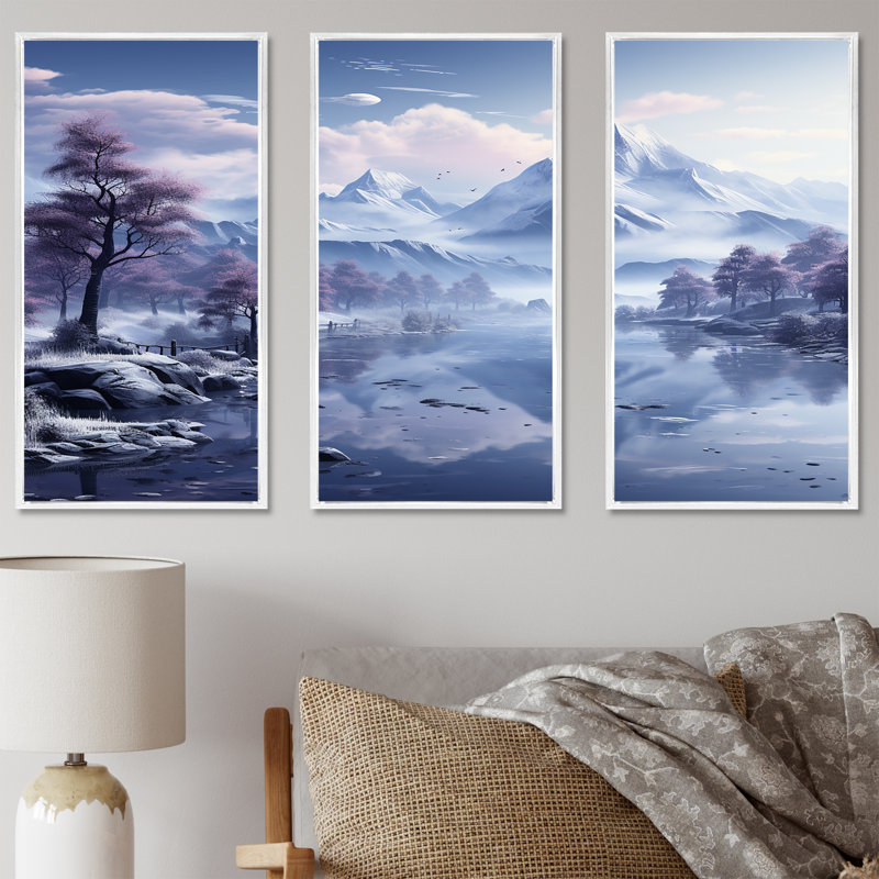 «Mountain Blue Peak Harmony - Landscape Mountains», ensemble d'art sur toile, Cadre flottant blanc