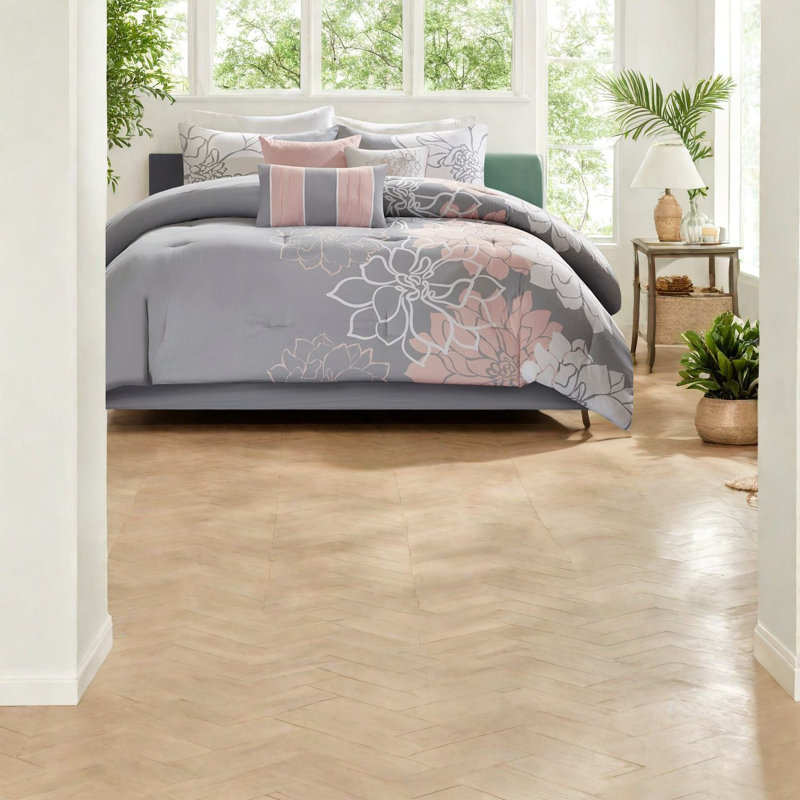Édredon en satin de coton de qualité supérieure gris / pêche avec motif floral