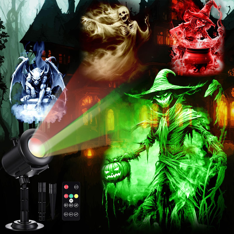 Projecteur d'Halloween pour l'extérieur, intérieur, effets dynamiques 3D 12-en-1 avec crâne, chauves-souris fantômes, et télécommande pour le jardin de la fenêtre, décoration d'Halloween
