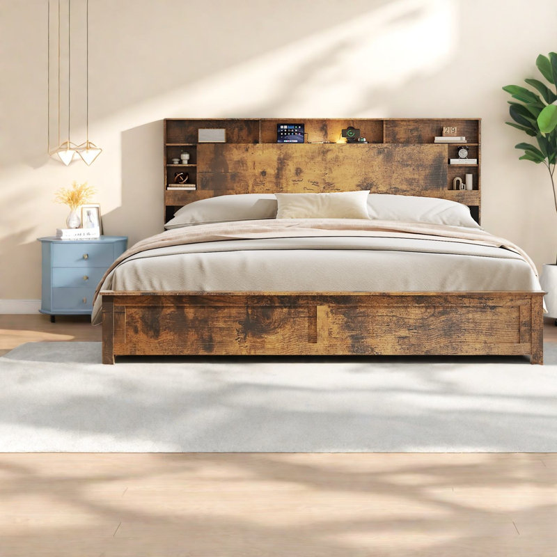 Très grand lit compact, structure en bois et métal avec rangement, brun foncé moderne pour la maison