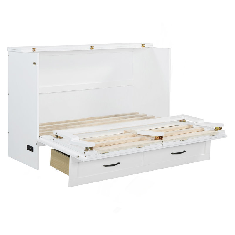 Lit escamotable double avec grands tiroirs, Lit double, Blanc