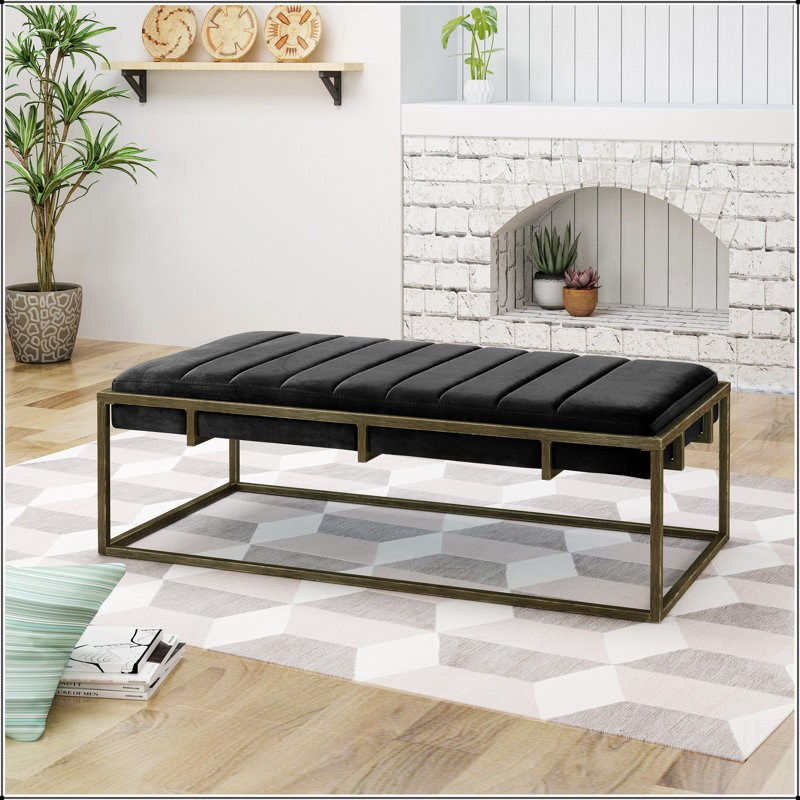 Banc rembourré en velours avec finition laiton, conception simple, confortable et durable, banc multifonctionnel, Noir