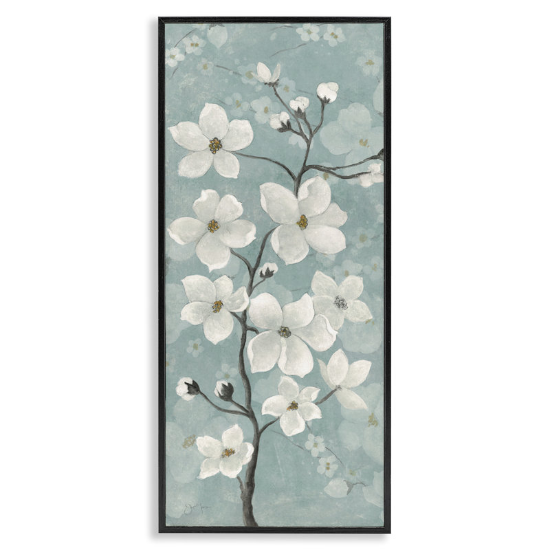 Fleur de pommier sur giclée verte encadrée, design par Janet Tava, H 24 po x l 10 po, Giclée encadrée noir minuit