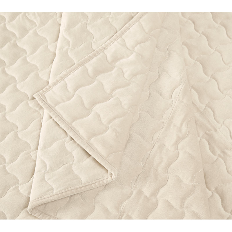 Brooklyn Loom Matte Cotton Velvet Wavy Square Stitch Quilt Set, Off-White, Queen Quilt + 2 Queen Shams