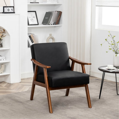 Chaise d'appoint avec structure en bois massif, revêtement en cuir de polyuréthane noir, rembourrage en microfibre pour le salon, la chambre à coucher, le cuir, l'intérieur, la base