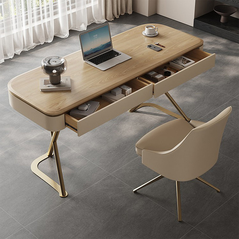 Bureau rectangulaire en frêne brun massif et bois manufacturé avec 2 tiroirs, H 29,53 po x l 51,18 po x P 23,62 po