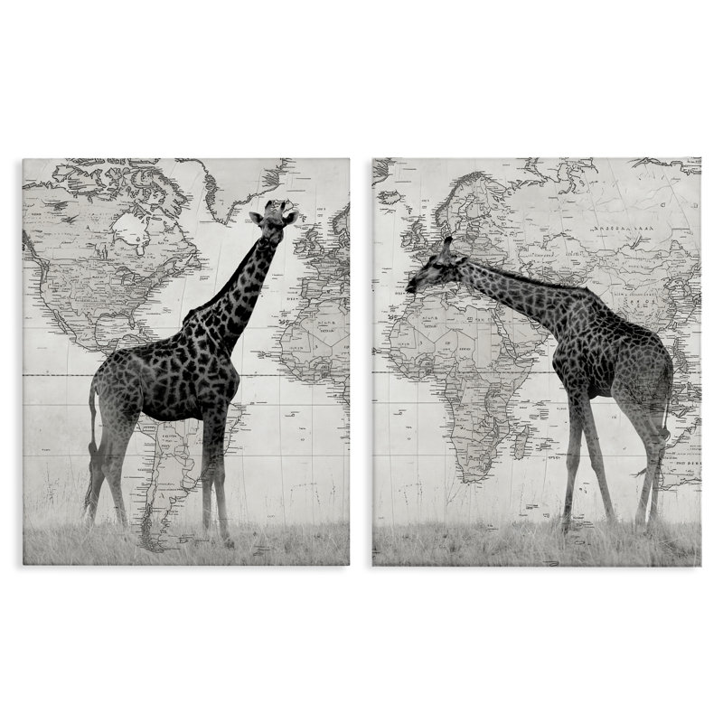 Ensemble de 2 impressions murales rétro sur toile, girafes et cartes, par Danita Delimont, H 30 po x l 24 po