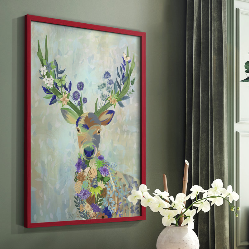 Fantastic Florals Deer, Portrait, reproduction encadrée - bois massif, Rouge, H 10 po x l 8 po