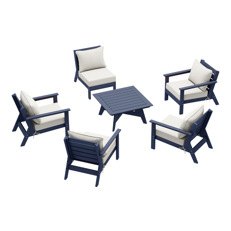 6-Piece Deep Seating Set, Navy Blue, White
