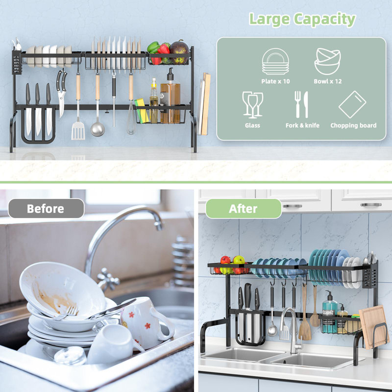 Adjustable Black Metal Over Sink Dish Drying Rack with Utensil Cup