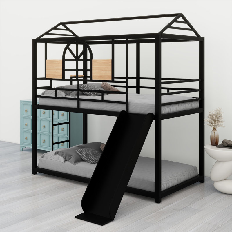 Metal House Bunk Bed With Slide, Black