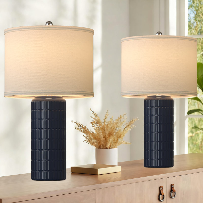 23" Modern Decorative Ceramic Table Lamp with Textured Finish and Linen Shade Perfect for Bedroom, Living Room or Nightstand
