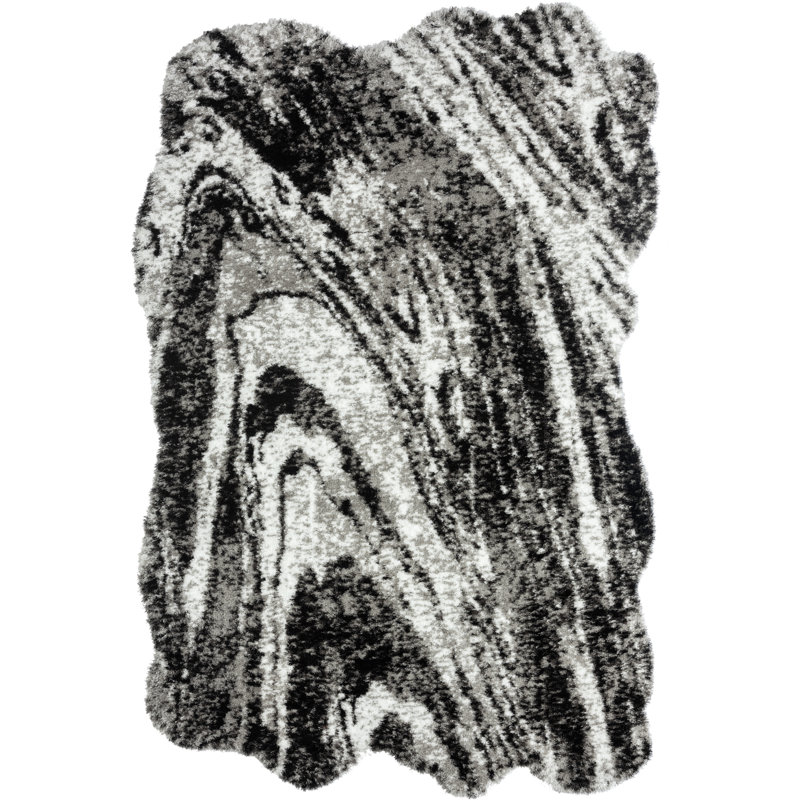 Tapis abstrait à poils longs noir / gris, Nouveauté 4 pi 8 po x 6 pi 6 po