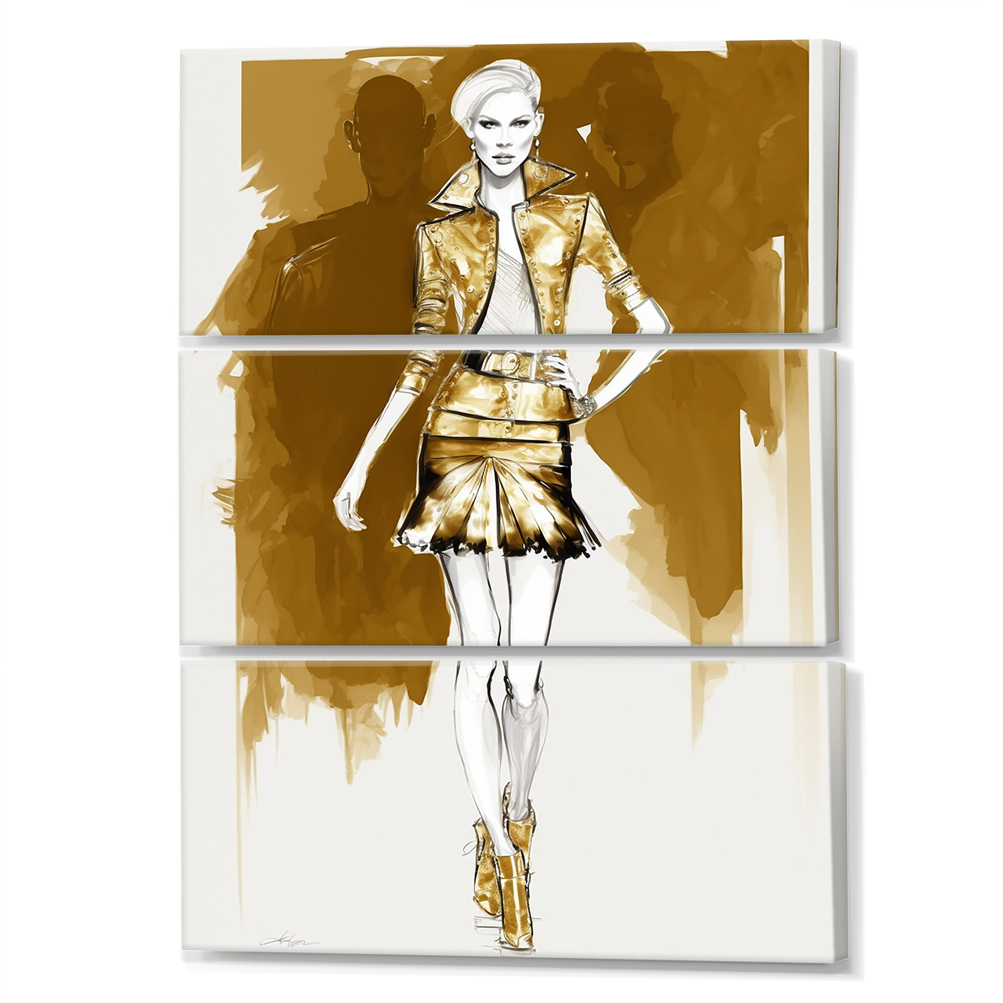 DesignArt Catwalk Model Couture In Tones Of Gold IX On Canvas 3 Pieces ...