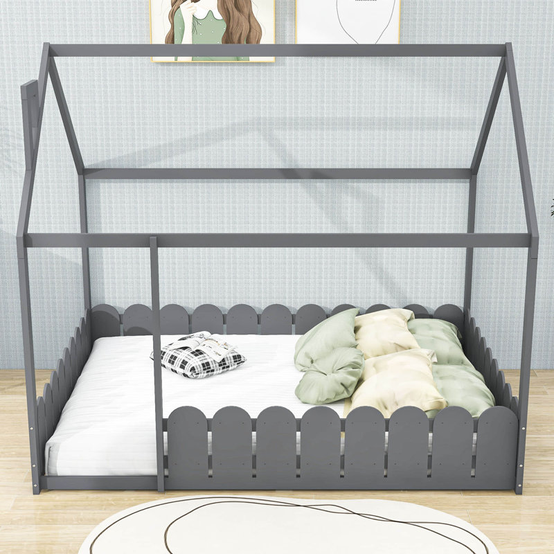 Eslick Full Size House Bed with Fence, Gray