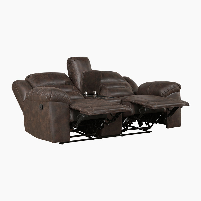 Hamisi 81" Transitional Polished Microfiber Manual Double Reclining Loveseat with Center Storage Console & Integrated Cup Holders