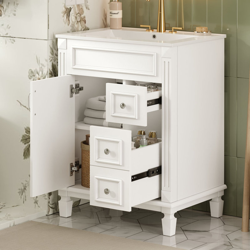 Meuble-lavabo 24 po avec lavabo en céramique, petite armoire de salle de bain moderne, 2 tiroirs et tablette réglable
